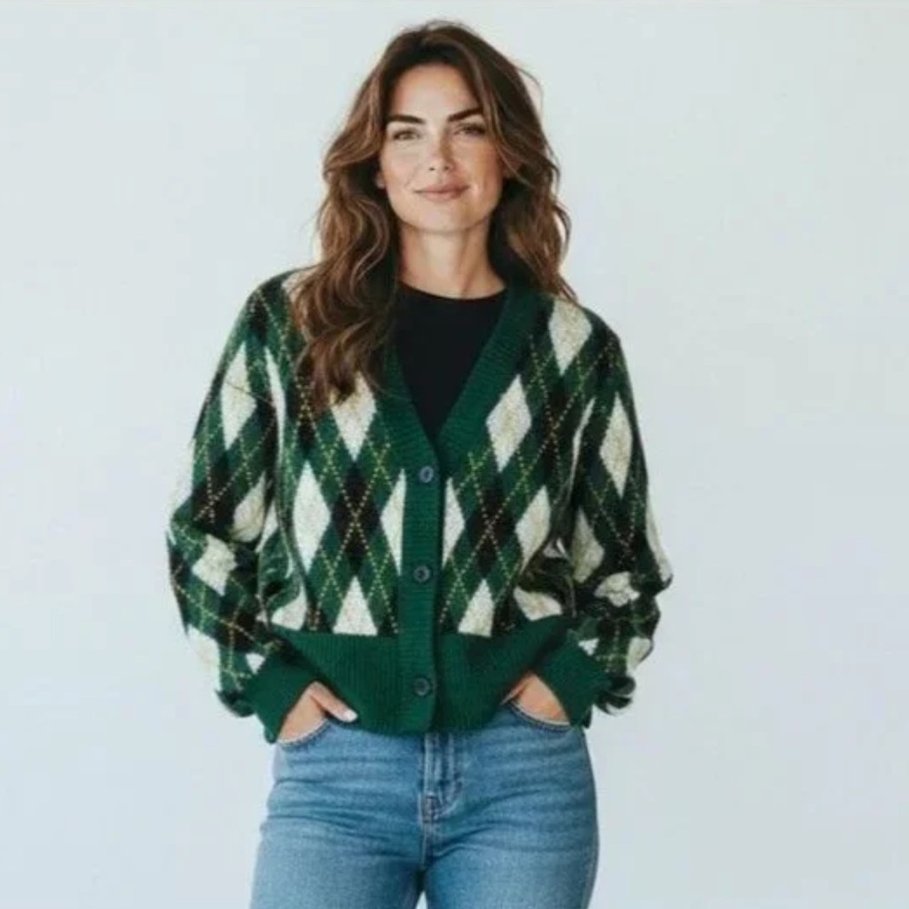 Staud Knave Cardigan in Green Cypress Argyle